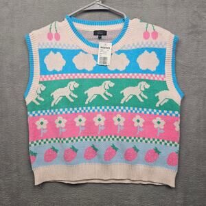 Debut Cherry Strawberry Puppy Knit Sweater Vest Colorful Cottagecore Preppy S